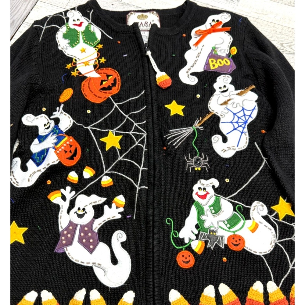 Vintage Tiara Halloween‎ Sweater Womens Petite PP 0-2 Black Ghost Pumpkin Zipper